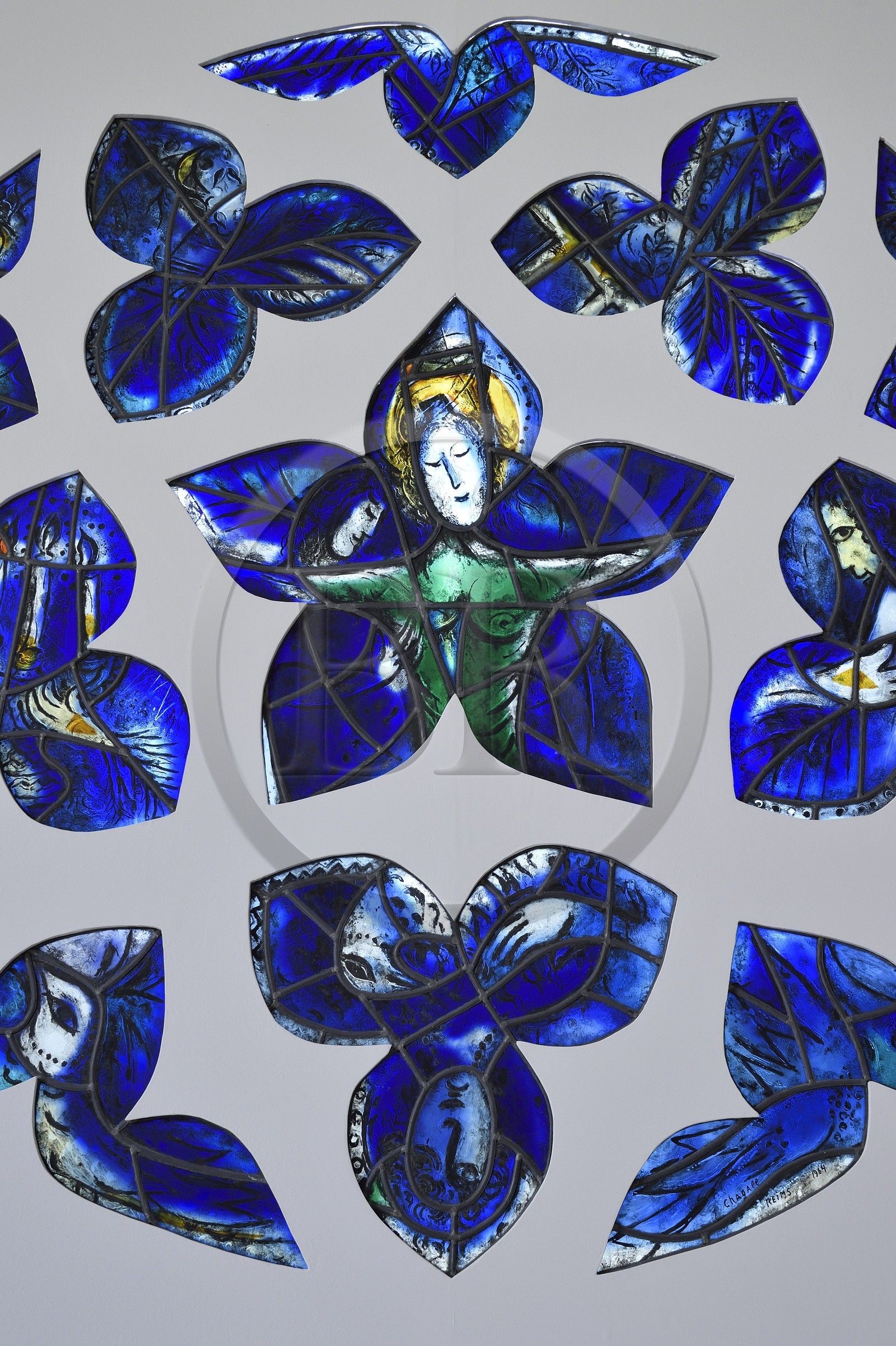 France, Alpes Maritimes, Nice, Musee National Marc Chagall by architect Andre Hermant and created at the initiative of Andre Malraux, the Blue Rose (1964) test stained glass window for Metz cathedral