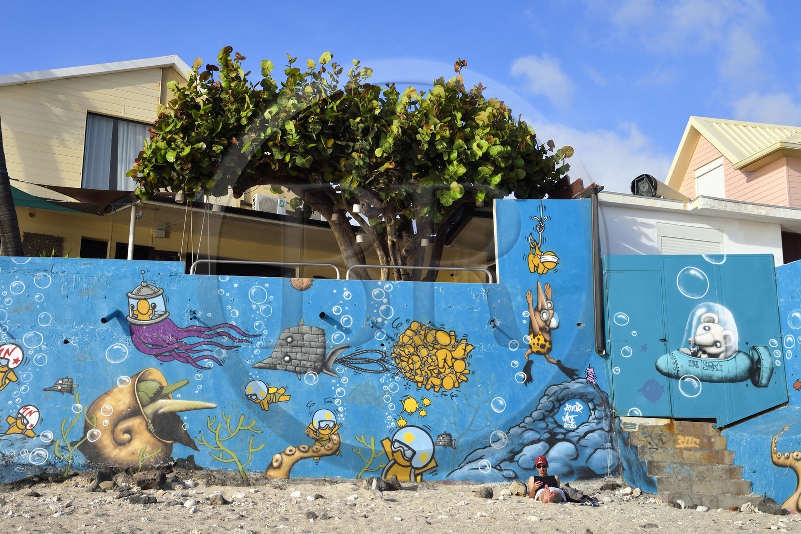 France, Ile de la Reunion, ville de Saint-Pierre, fresque Street Art par les artistes ADOR et JACE sur un mur de la plage