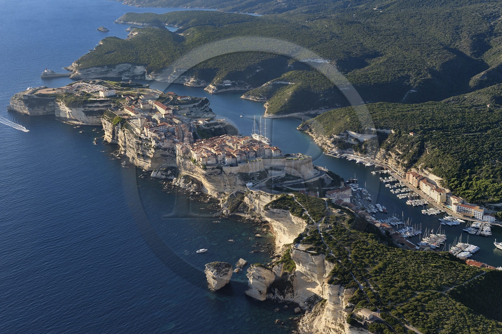 France, Corse du Sud, Bonifacio, the limestone cliffs, the citadel and the old town, the rock called Grain de Sable in the foreground (aerial view)