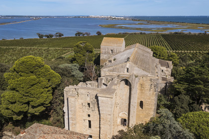 France, Hérault (34), Villeneuve-lès-Maguelone (Palavas-Les-Flots), cathédrale Saint-Pierre-et-Saint-Paul de Maguelone des XIIème et XIIIème siècles entourée de vignes sur son île, l'Etang du Prévost et Palavas-Les-Flots en arrière plan (vue aérienne)
