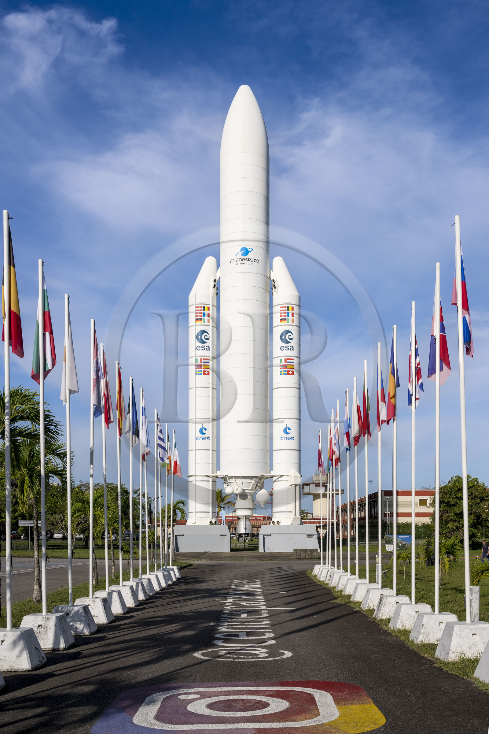 France, French Guiana, Kourou, Guiana Space Centre (Centre spatial guyanais, CSG) also called Europe's Spaceport, life-size replica of the Ariane V rocket