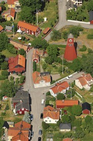 Sweden, Uppsala Län, city of Öregrund, wooden tour-bell tower of the 18th century (aerial view)