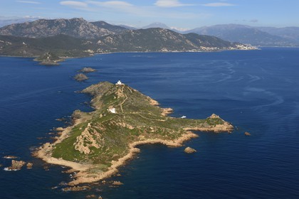 France, Corse du Sud, Golfe d'Ajaccio, Parata point, Sanguinaires islands, Mezzu mare island and its lighthouse (aerial view)