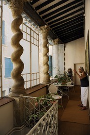 France, Herault, Pezenas, Hotel of Alfonse from the 17th century rue Conti where Molière and his company gave the Flying Doctor, monolithic spiral columns with Corinthian capitals supporting a shed roof
