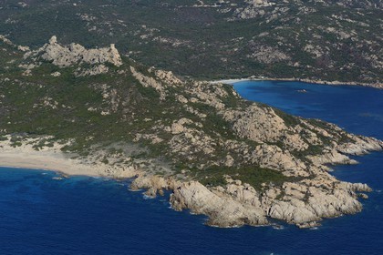 France, Corse du Sud, Cala de Roccapina natural site, Roccapina genoese tower and Lion rock (aerial view)