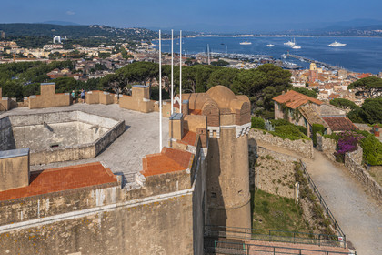 France, Var, Saint-Tropez, 16th century the citadel which houses the maritime history museum, the city is in the background (aerial view)