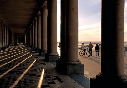 Belgium, West Flanders, Oostende, beach and the columns of the famous hotel Thermae Palace