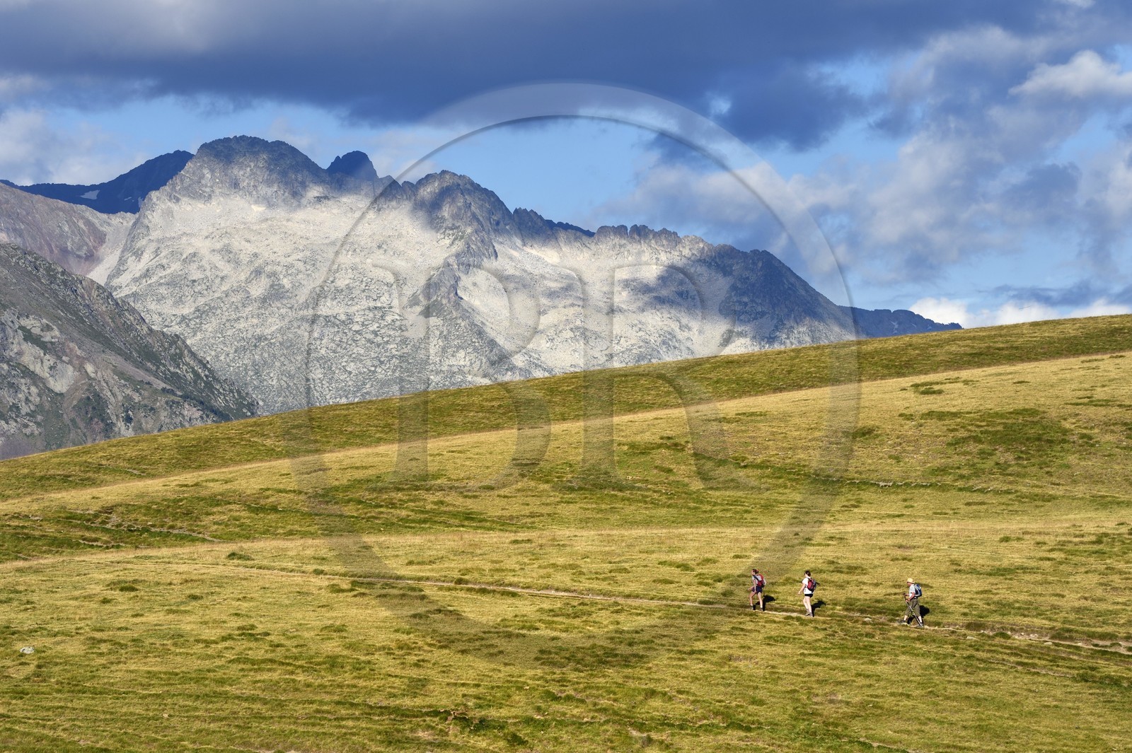 France, Hautes Pyrenees, Saint Lary Soulan and Vielle-Aure, hike on a variant of the GR10 between the Portet pass and the Bastan lakes on the edge of the Neouvielle nature reserve in the background