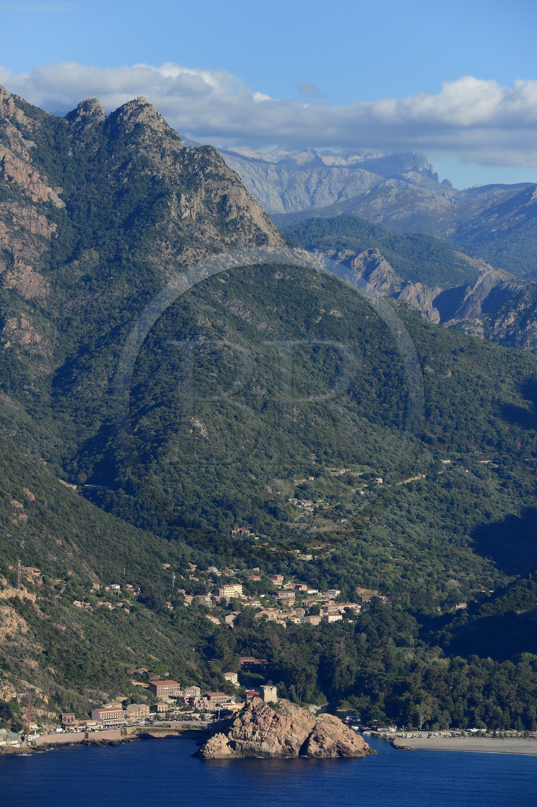 France, Corse du Sud, Porto Gulf, listed as World Heritage by UNESCO, the Genoese tower above the port pass of Porto (aerial view)
