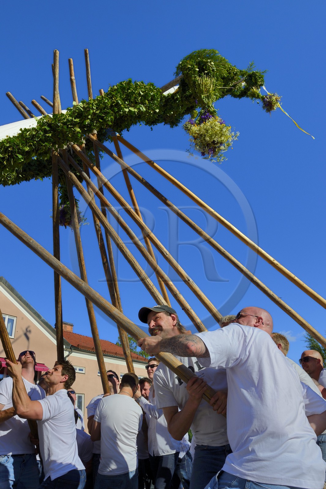 Suède, comté de Dalécarlie, les très populaires célébrations du solstice d'été à Leksand, festival des mâts de la Saint-Jean