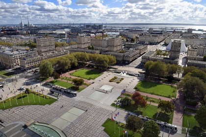 France, Seine Maritime, Le Havre, Downtown rebuilt by Auguste Perret listed as World Heritage by UNESCO, Perret buildings around the City Hall gardens and the port in the background