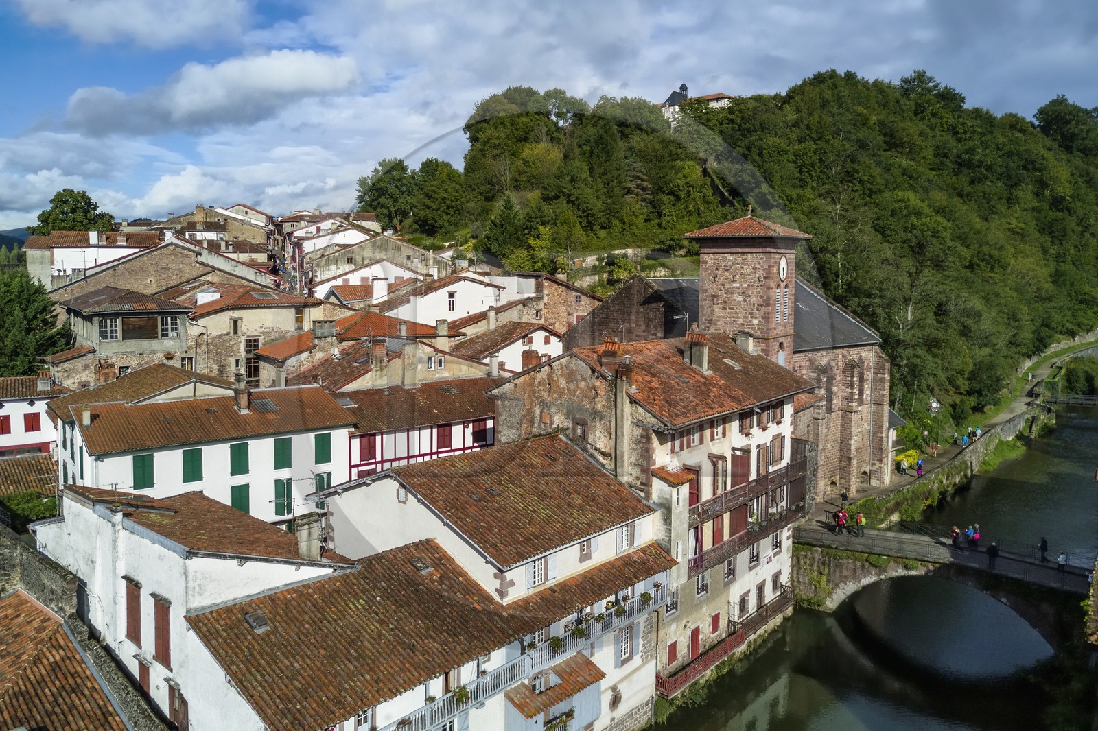 France, Pyrenees Atlantiques, Basque Country, Saint Jean Pied de Port, the Pont Vieux over the Nive of Beherobie river and Notre Dame du Bout du Pont church (aerial view)