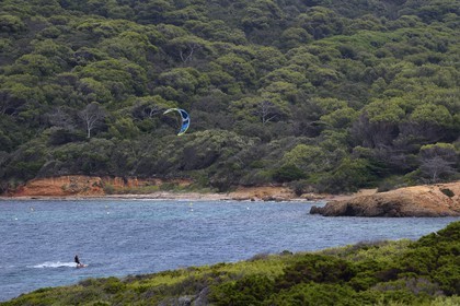 France, Var (83), Iles d'Hyères, parc national de Port Cros, Ile de Porquerolles, windsurf à plage blanche du Langoustier