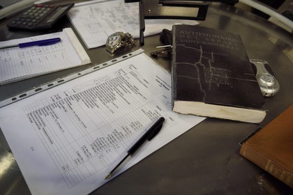 France, Seine-Maritime, Pays de Caux, Norman Seine River Meanders Regional Nature Park, Saint Wandrille Rançon, abbey of Saint-Wandrille de Fontenelle, the beer Abbey Saint Wandrille manufacturing workshop, the Antiphonary alongside the brew sheet