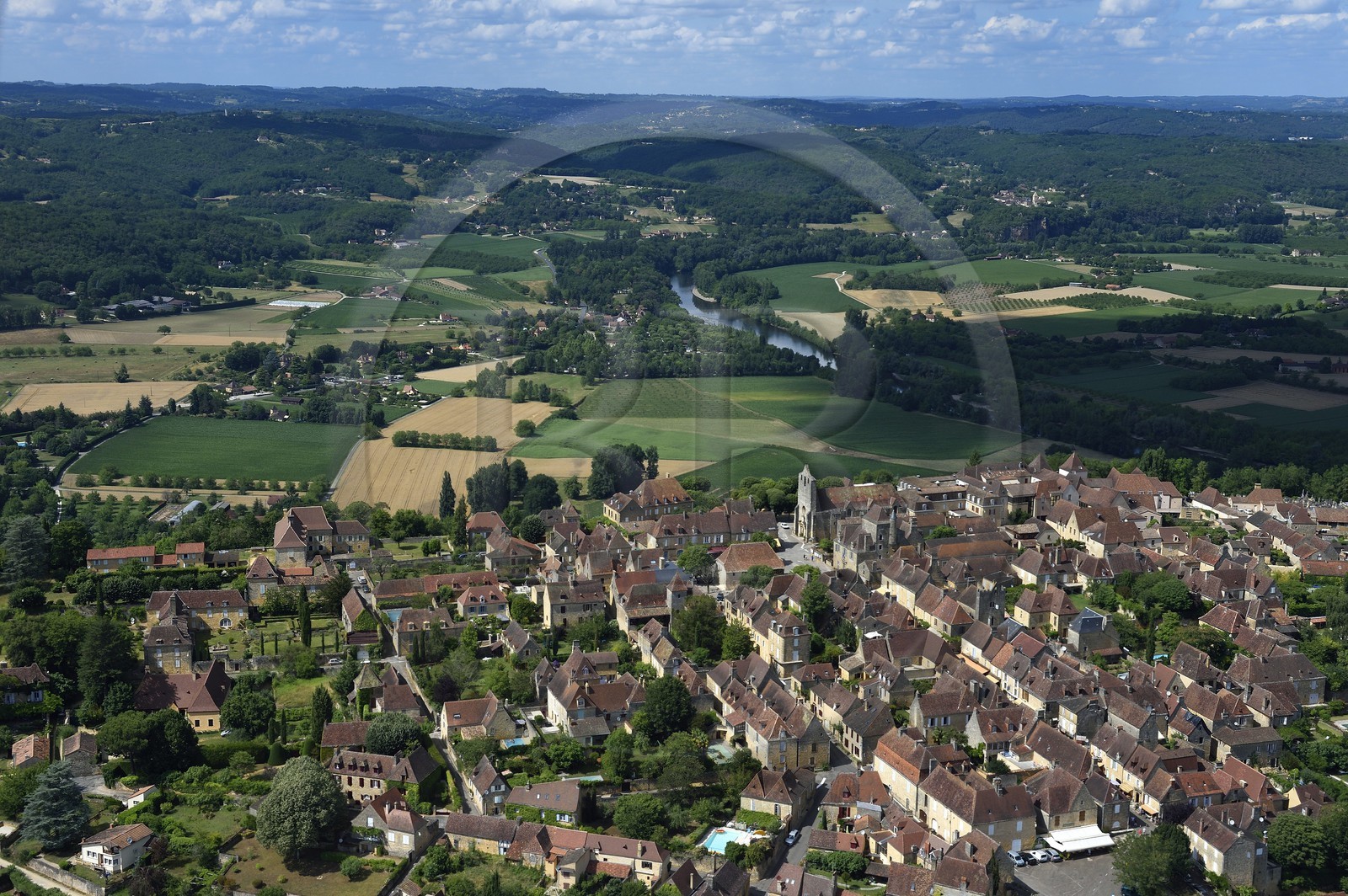 France, Dordogne, Perigord Noir, Dordogne Valley, Domme, labelled Les Plus Beaux Villages de France (The Most Beautiful Villages of France) (aerial view)
