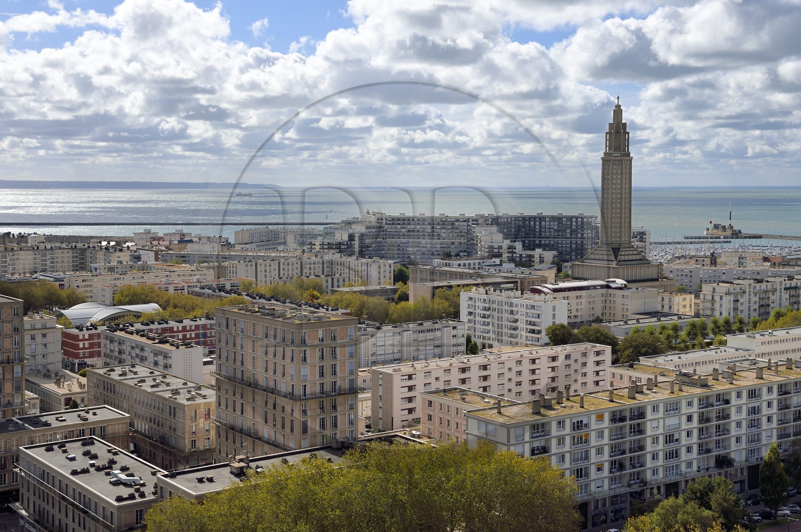 France, Seine Maritime, Le Havre, Downtown rebuilt by Auguste Perret listed as World Heritage by UNESCO, Perret buildings and the St. Joseph's Church in the background