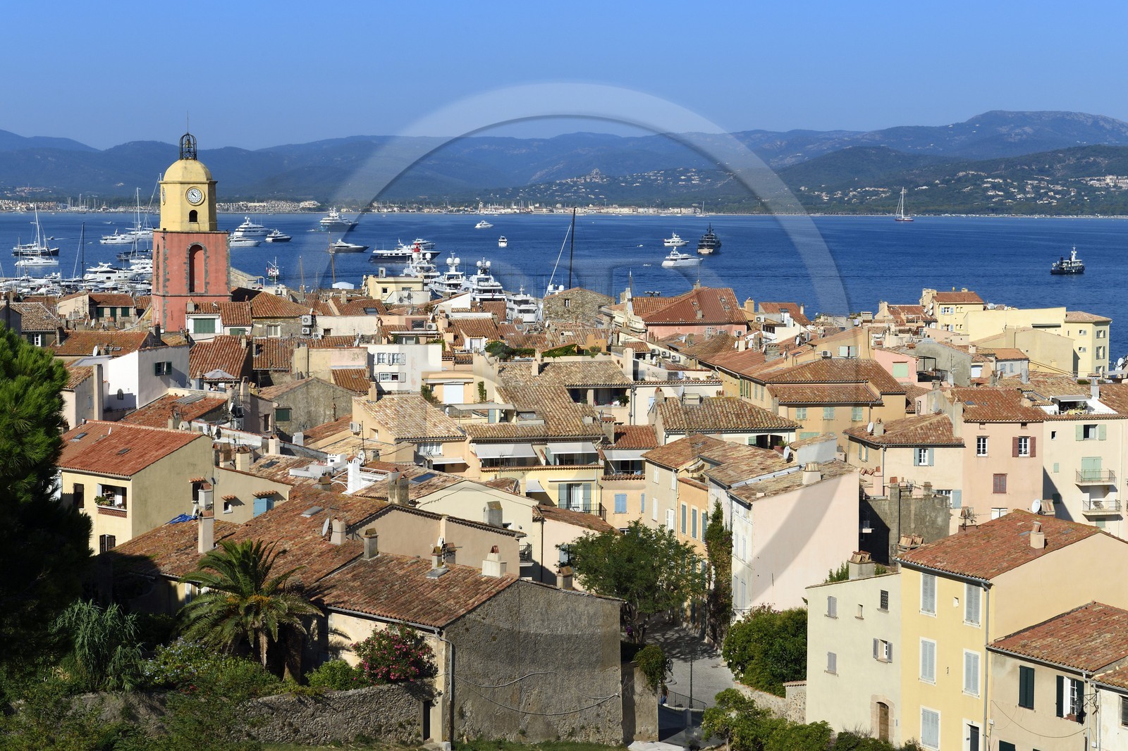 France, Var (83), Saint-Tropez,  église paroissiale Notre-Dame de l'Assomption depuis la citadelle, en arrière-plan Grimaud