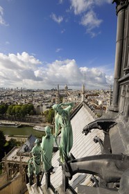 France, Paris (75), les rives de la Seine classées Patrimoine Mondial de l'UNESCO, île de la Cité, la cathédrale Notre-Dame, la flèche domine les statues de cuivre vert-de-grisé des douze apôtres avec les symboles des quatre évangélistes. Viollet-le-Duc s’est fait représenter lui-même sous les traits de saint Thomas avec son équerre