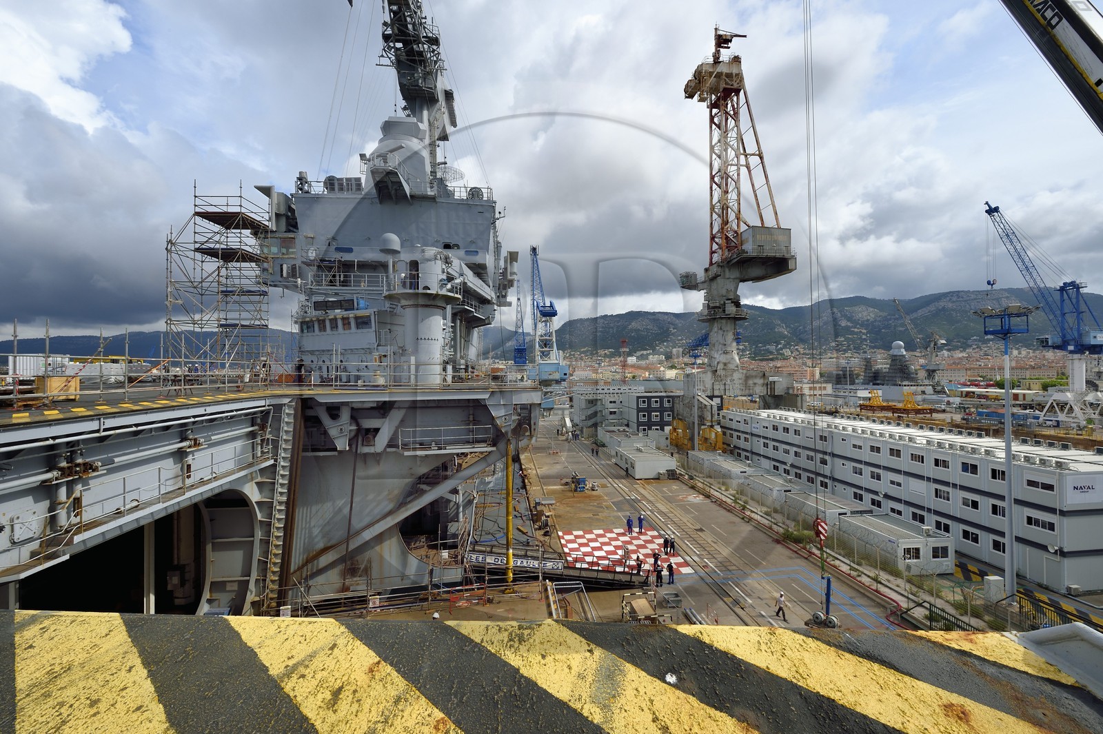 France, Var, Toulon, the naval base (Arsenal), the Charles de Gaulle nuclear-powered aircraft carrier on mid-life renovation, one of the giant elevators for the planes and the central island
