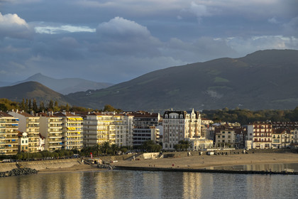 France, Pyrenees Atlantiques, Basque Country coast, Saint-Jean-de-Luz, the Grande Plage and the La Rhune mountain in the background
