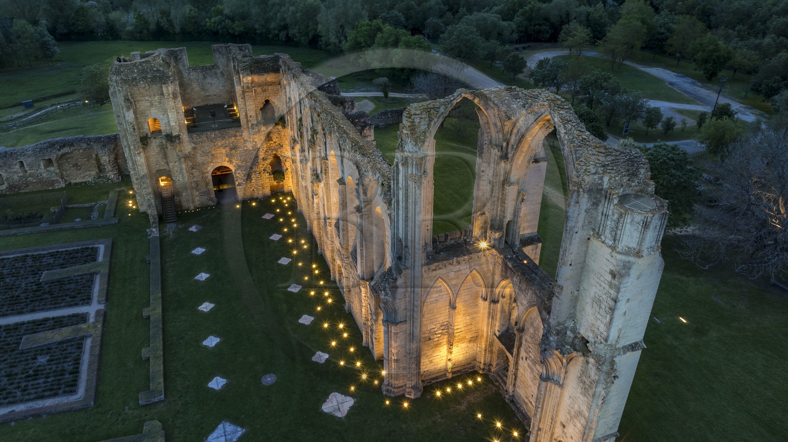 France, Vendee, Parc Interregional du Marais Poitevin labellised Grand Site de France (Interregional Park of the Marais Poitevin labelled Great Site of France), Maillezais, vestiges of the Saint Pierre de Maillezais abbey (aerial view)