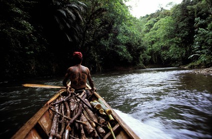 Malaisie, île de Bornéo, Sarawak, guerrier Iban, tribu des Dayaks (anciens coupeurs de têtes) remontant une rivière sur sa pirogue