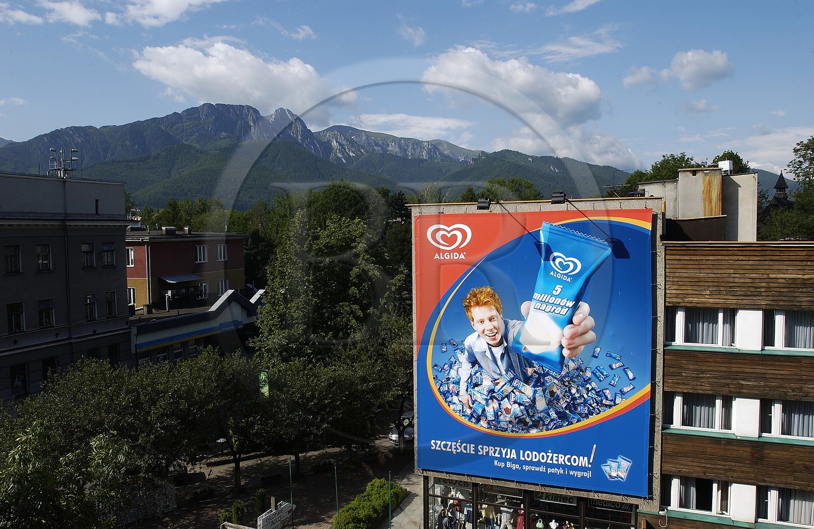 Pologne, Petite Pologne, Carpates, publicité sur un panneau du village-station de Zacopane (au fond les montagnes des Tatras)