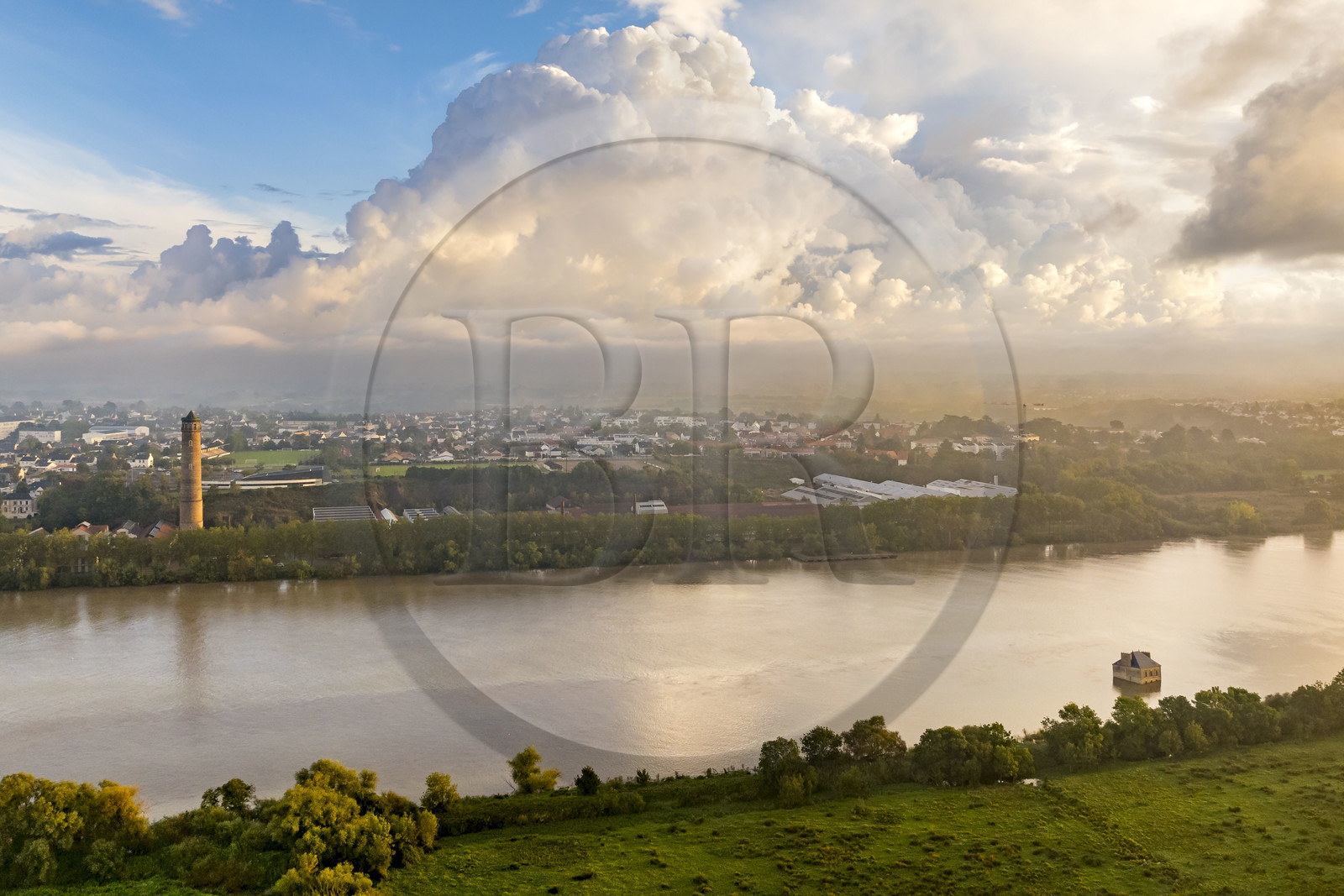 France, Loire Atlantique, Coueron, open-air contemporary art collection Estuaire, La Maison dans la Loire (The House in the Loire river) created by the artist Jean-Luc Courcoult and the 69 m high Shot Tower built in the 19th century (aerial view)