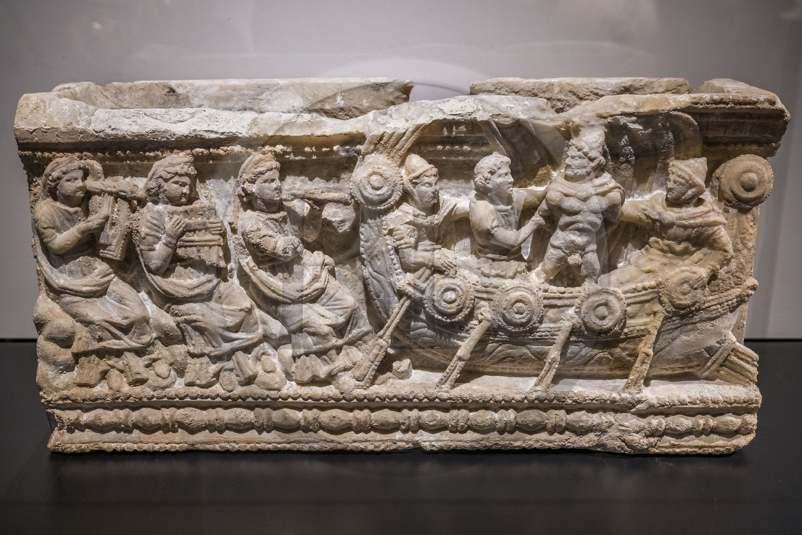 France, Gard, Nimes, Romanity museum (Musée de la Romanite), Etruscan cinerary urn in alabaster representing Ulysses and the sirens (Volterra 2nd century BC)(temporary exhibition)