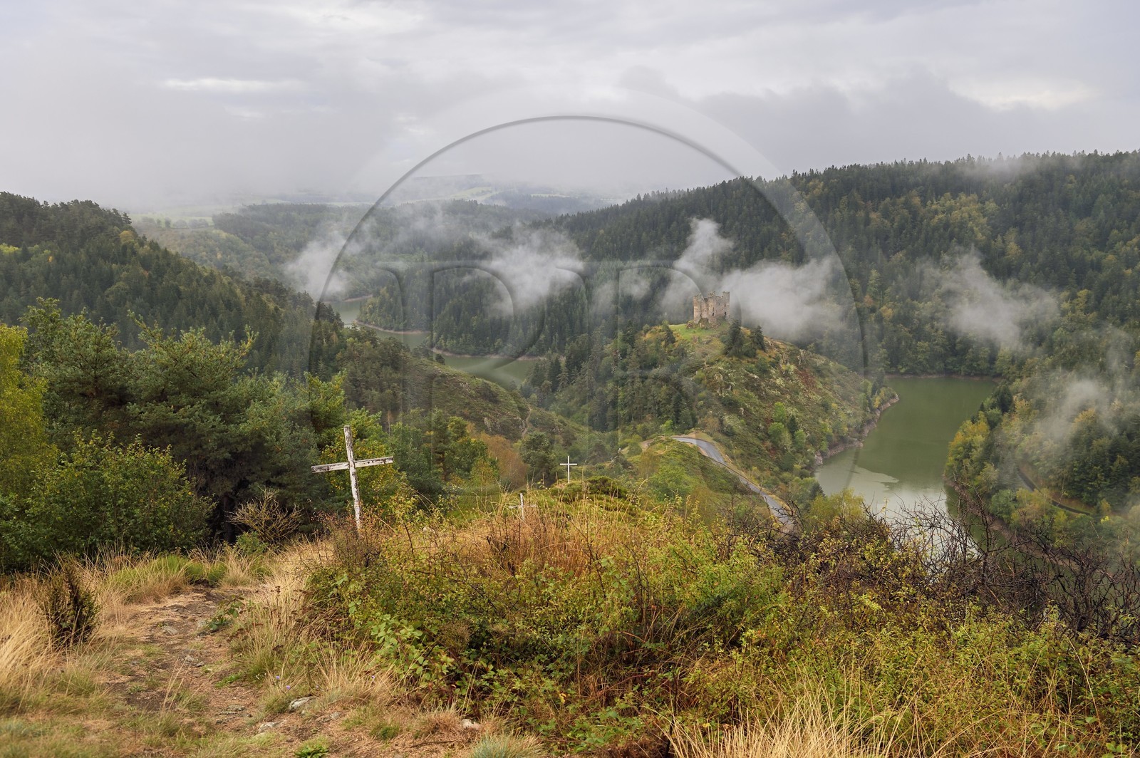 France, Cantal, Gorges de la Truyere (Truyere river canyon), Alleuze, perched feudal ruins of the 13th century castle of Alleuze rebuilt in 1405