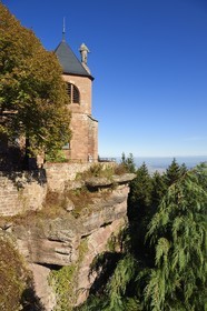 France, Bas Rhin, Mont Saint Odile, Mont Sainte-Odile Abbey also known as Hohenburg Abbey, statue of Saint Odile placed on the roof of the convent and facing the plain of Alsace