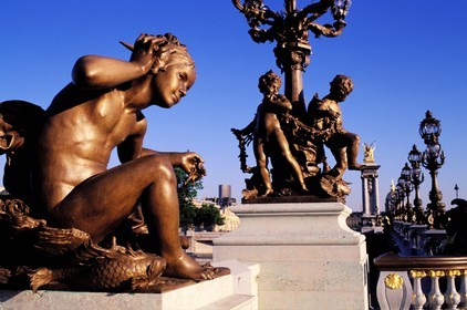 France, Paris, famous statues of the Alexandre the III bridge, on the Seine river