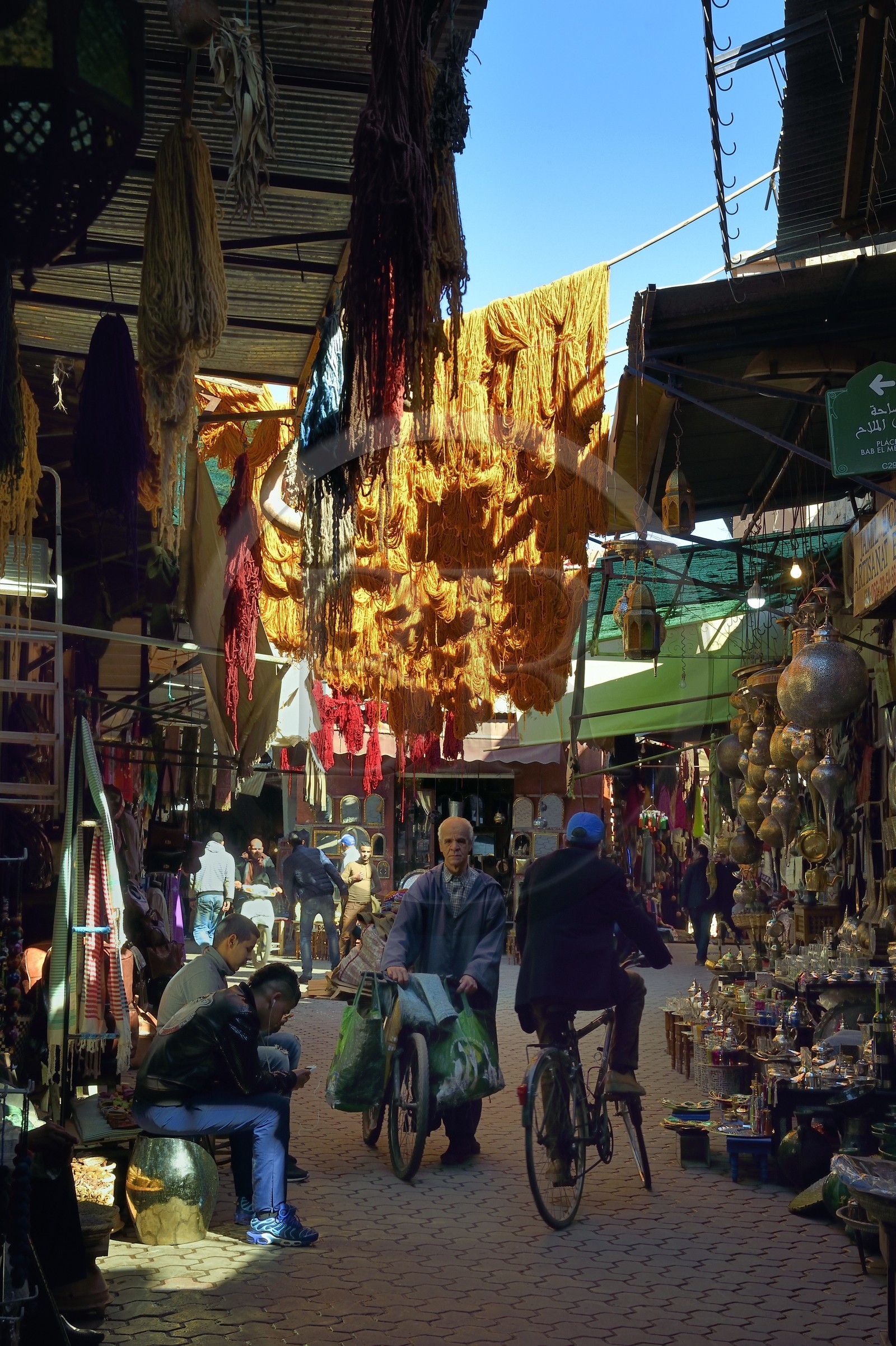 Morocco, High Atlas, Marrakech, Imperial city, Medina listed as World Heritage by UNESCO, shops in the dyers souk, wool drying