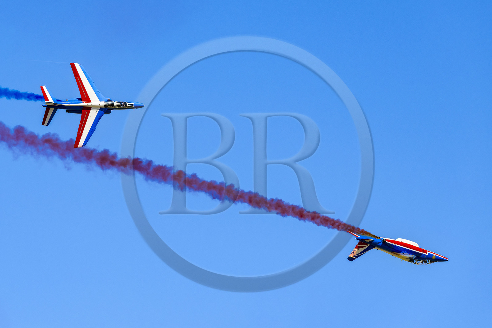 France, Bouches du Rhone, Salon de Provence, air base 701, base of the Patrouille de France (PAF for Patrouille acrobatique de France) of the French Air and Space Force, Alphajet aircraft during a training flight