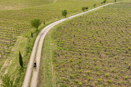 France, Vaucluse (84), Châteauneuf-du-Pape, randonnée à vélo sur le chemin Coste Froide sur le plateau de la Crau (vue aérienne)