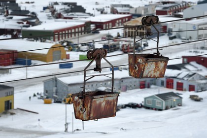 Norway, Svalbard, Spitzbergen, Longyearbyen, old coal transport trolleys on the cableway