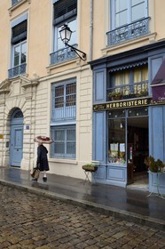 France, Rhone, Lyon, historical site listed as World Heritage by UNESCO, Vieux Lyon (Old Town), herbalist's shop on the Place Saint Jean