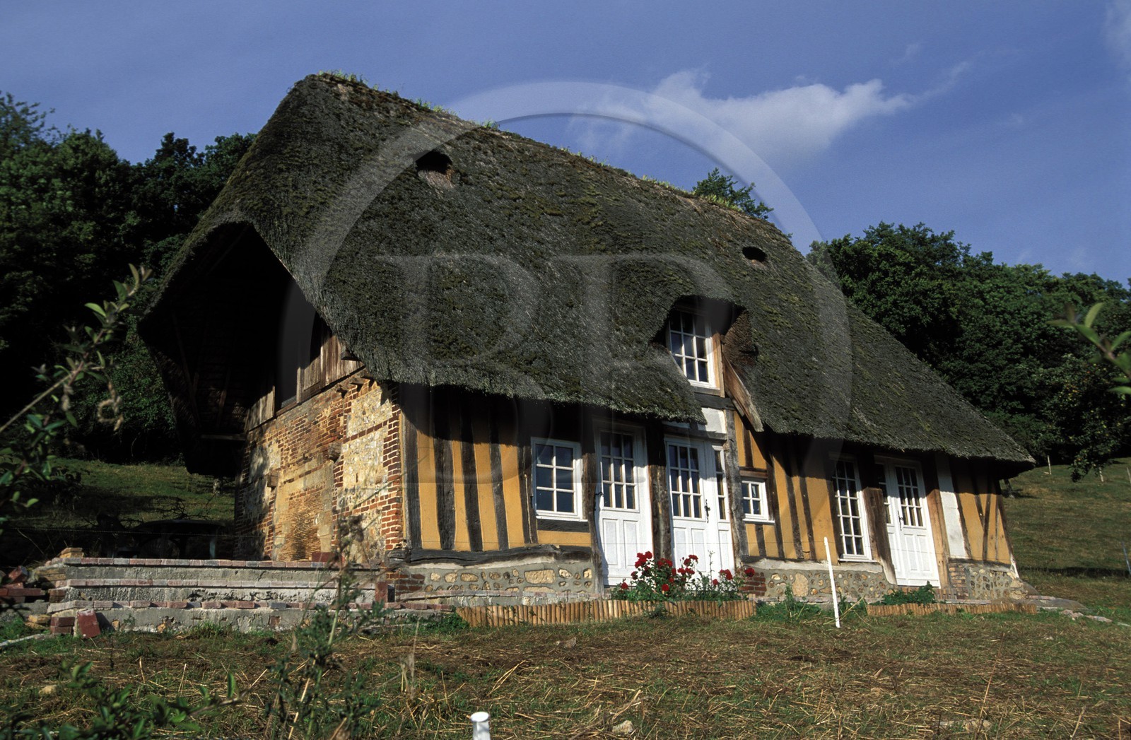 France, Eure (27), Le Bec-Hellouin, labellisé Les Plus Beaux Villages de France, une chaumière normande à toit de chaume