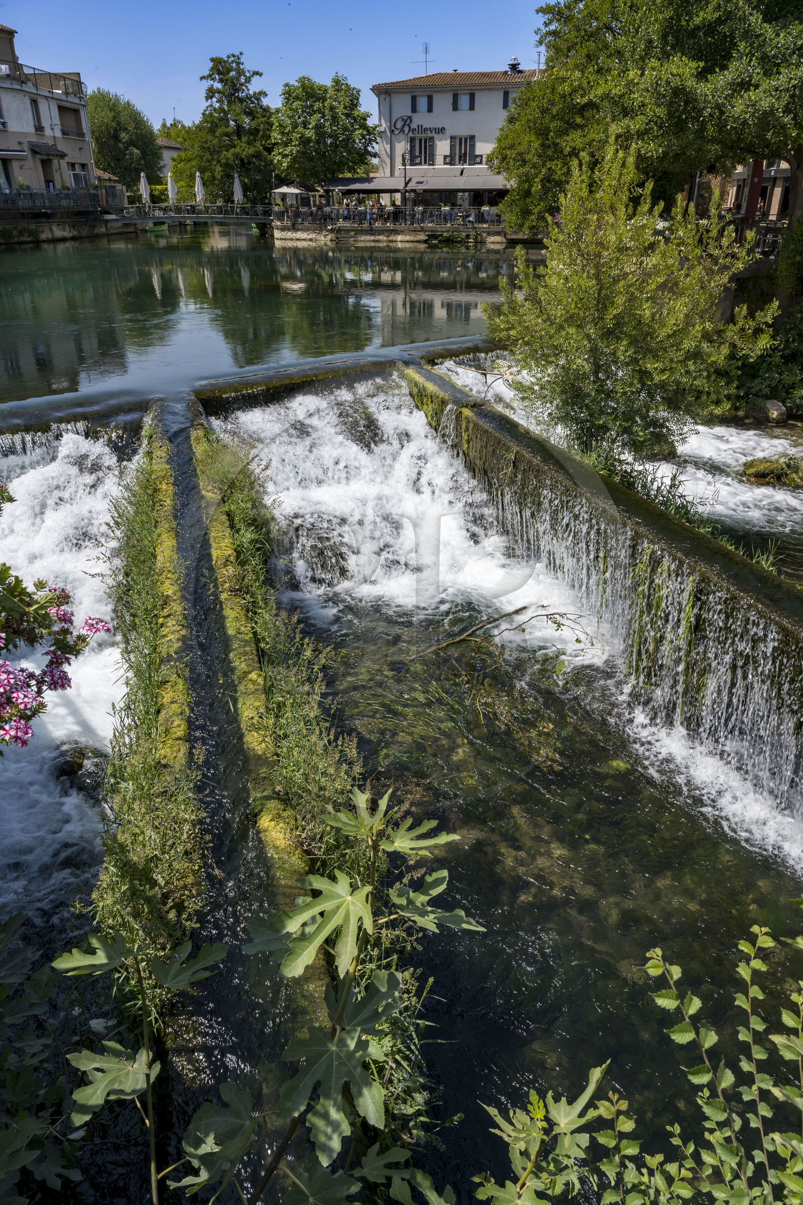France, Vaucluse (84), L'Isle-sur-la-Sorgue, le bassin Bouigas, retenue d'eau et canaux de liaison avec les anciens moulins