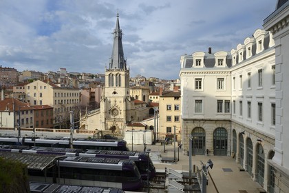 France, Rhone, Lyon, historical site listed as World Heritage by UNESCO, St. Paul neighborhood in the Vieux Lyon (Old Town), Saint Paul church and train station