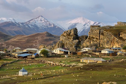 Azerbaijan, Quba (Guba) region, Greater Caucasus mountain range, village of Giriz at dawn, departure of sheep for the meadows