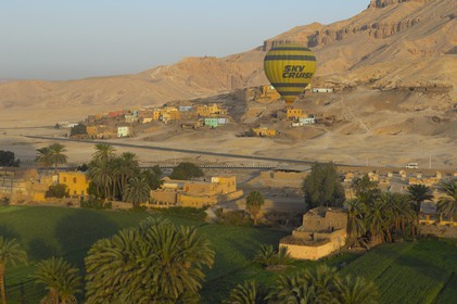 Egypt, Upper Egypt, Nile Valley, Luxor, West bank, hot air balloons flying over the Theban Necropolis (aerial view)