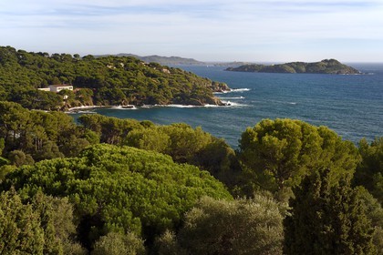 France, Var (83), Hyères, Presqu'Ile de Giens, la Pointe de la Vignette dans la Baie du Niel, l'Ile du Grand Ribaud et l'Ile de Porquerolles en arrière plan