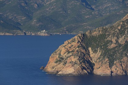 France, Corse du Sud, Golfe de Girolata, listed as World Heritage by UNESCO, and the Capo Senino in the foreground (aerial view)