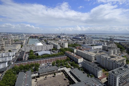 France, Seine Maritime, Le Havre, Downtown rebuilt by Auguste Perret listed as World Heritage by UNESCO, Perret buildings and the port in the background