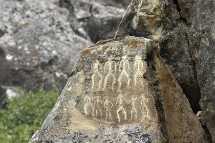 Azerbaïdjan, Gobustan, Parc national de Gobustan, Paysage culturel de l'art rupestre de Gobustan, groupe de danseurs du néolithique (6000 ans av J.C.)