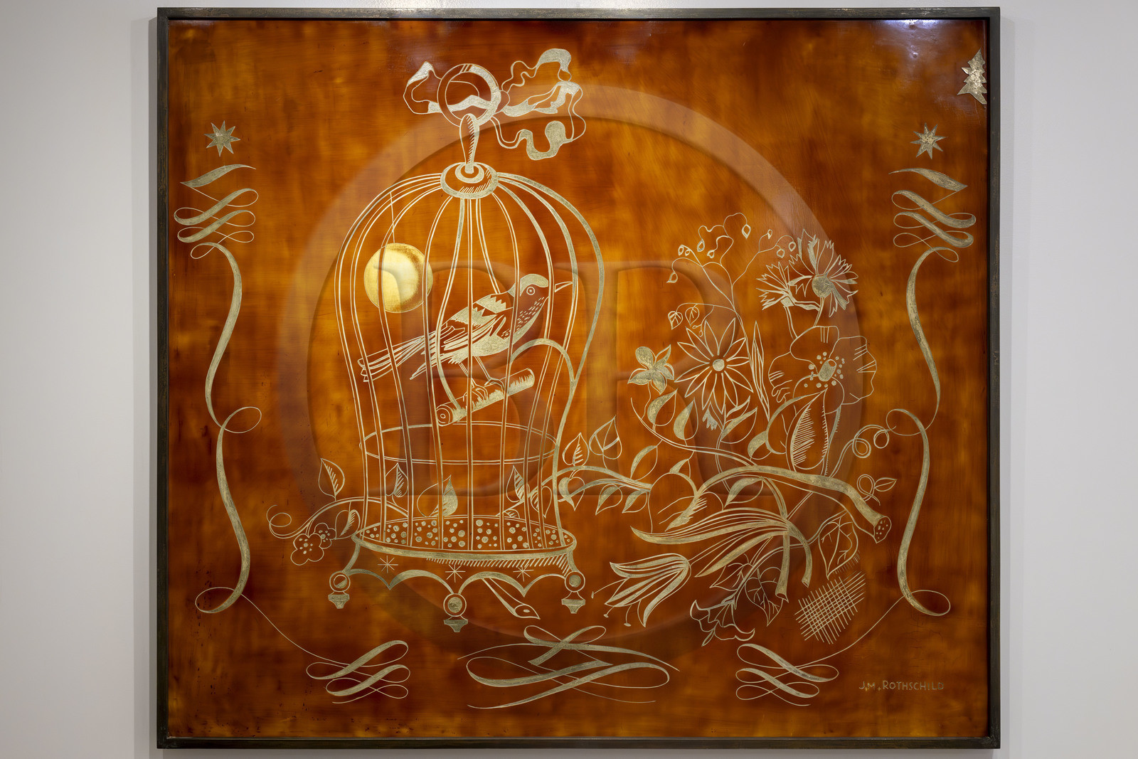 France, Loire-Atlantique (44), Saint-Nazaire, l'Escal'Atlantic dans l'ancienne base sous-marine allemande fait revivre le monde des transatlantiques, panneau de laque dans la reconstitution partielle d'une cabine de première classe du Normandie (1935)