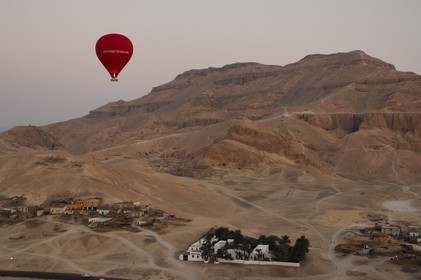 Egypt, Upper Egypt, Nile Valley, Luxor, West bank, hot air balloons flying over the Theban Necropolis (aerial view)