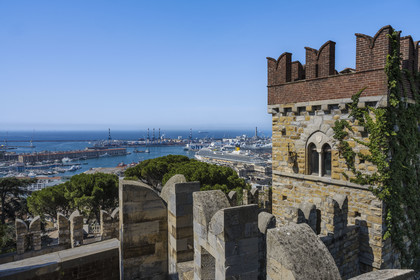 Italy, Liguria, Genoa, Castello d'Albertis Museo delle Culture del Mondo, castle of Enrico Alberto D'Albertis, Genoese explorer, navigator and travel writer (1846-1932), the Porto Antico (Old Port) and the commercial port in the background