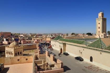 Morocco, High Atlas, Marrakech, Imperial city, Medina listed as World Heritage by UNESCO, Kissariat Ben Youssef square, the Ben Youssef mosque on the right and the Almoravid Koubba (ablution center for believers going to the mosque) on the left